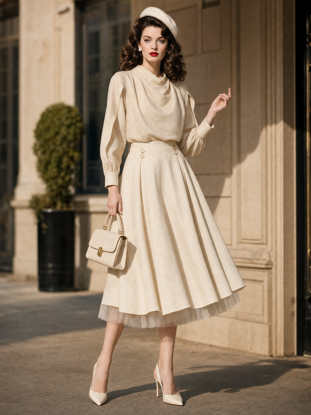 Vintage Two‑Piece Set Draped Cowl Neck Blouse Mesh Hem A‑Line Midi Skirt