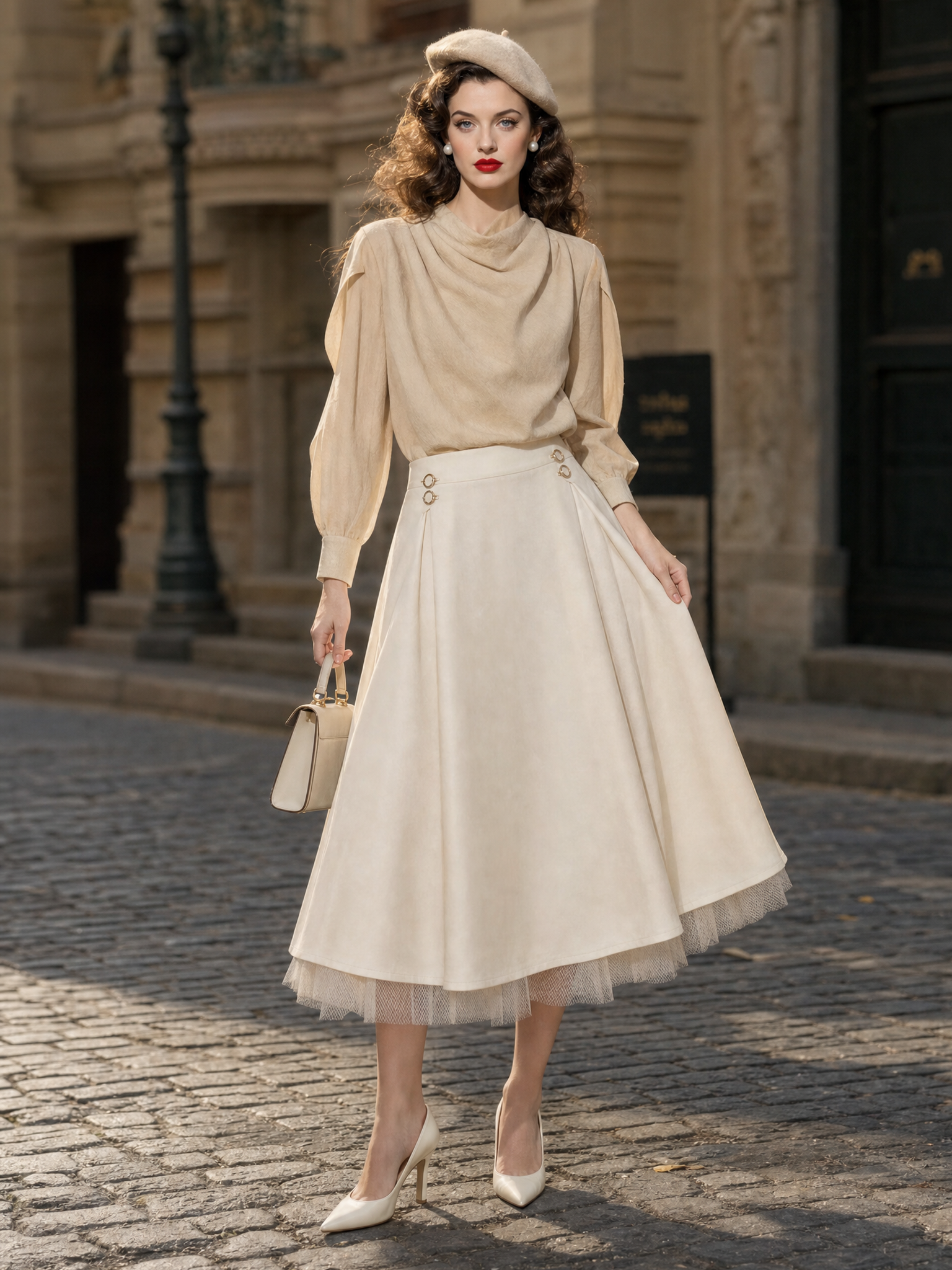 Vintage Two‑Piece Set Draped Cowl Neck Blouse Mesh Hem A‑Line Midi Skirt