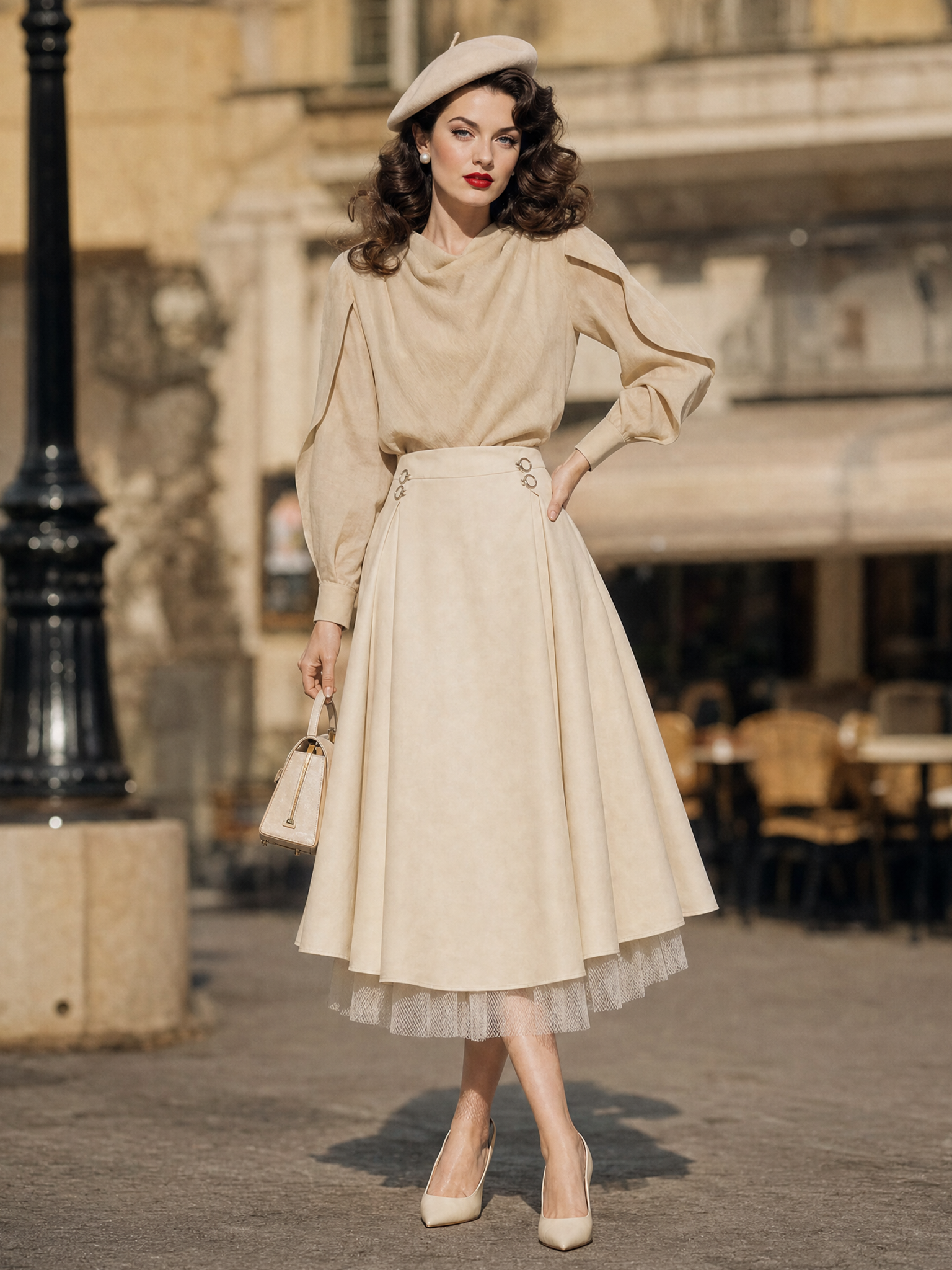 Vintage Two‑Piece Set Draped Cowl Neck Blouse Mesh Hem A‑Line Midi Skirt