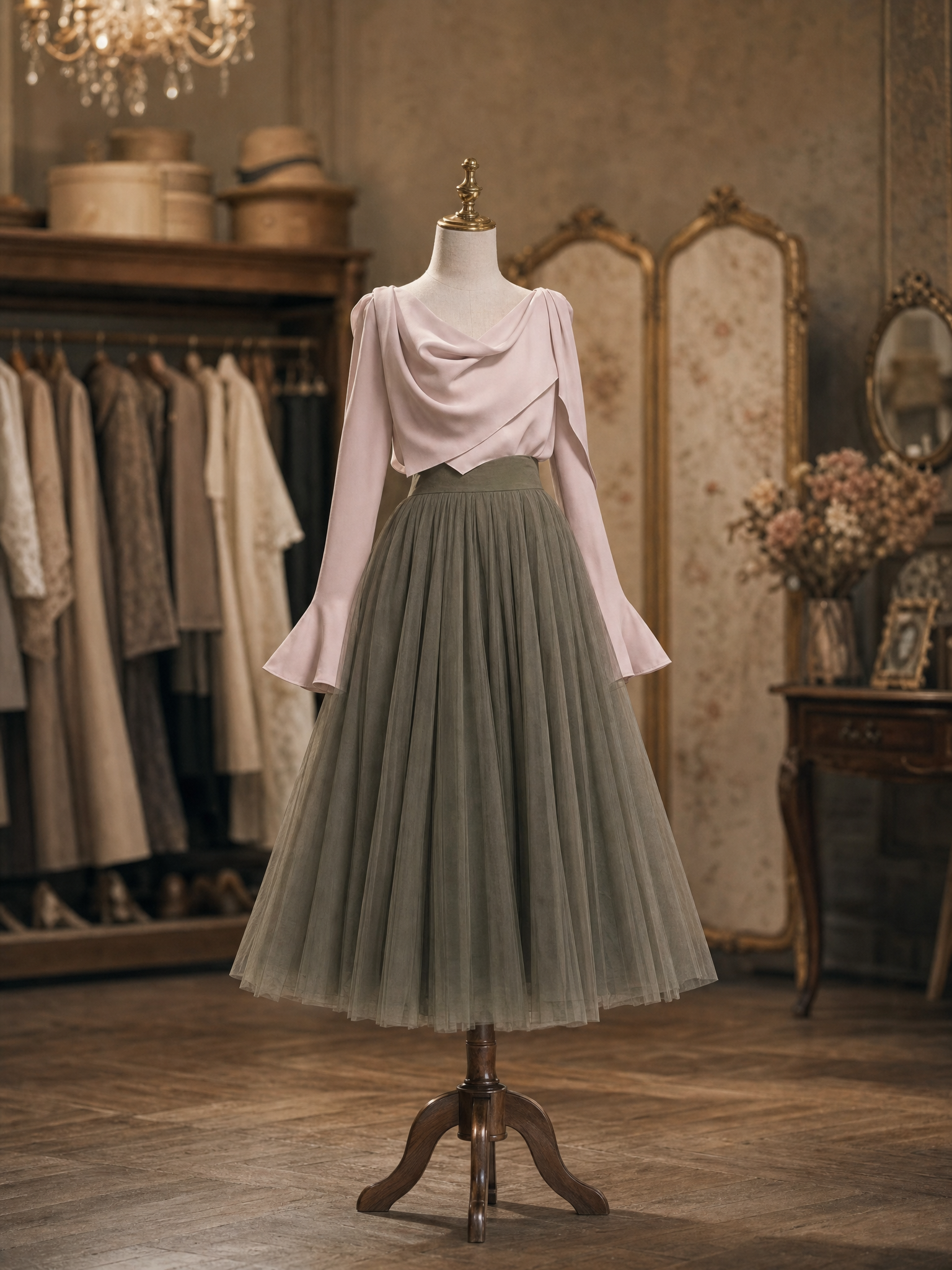 Vintage Two‑Piece Set Cowl Neck Blouse Flare Sleeve Tulle Midi Skirt