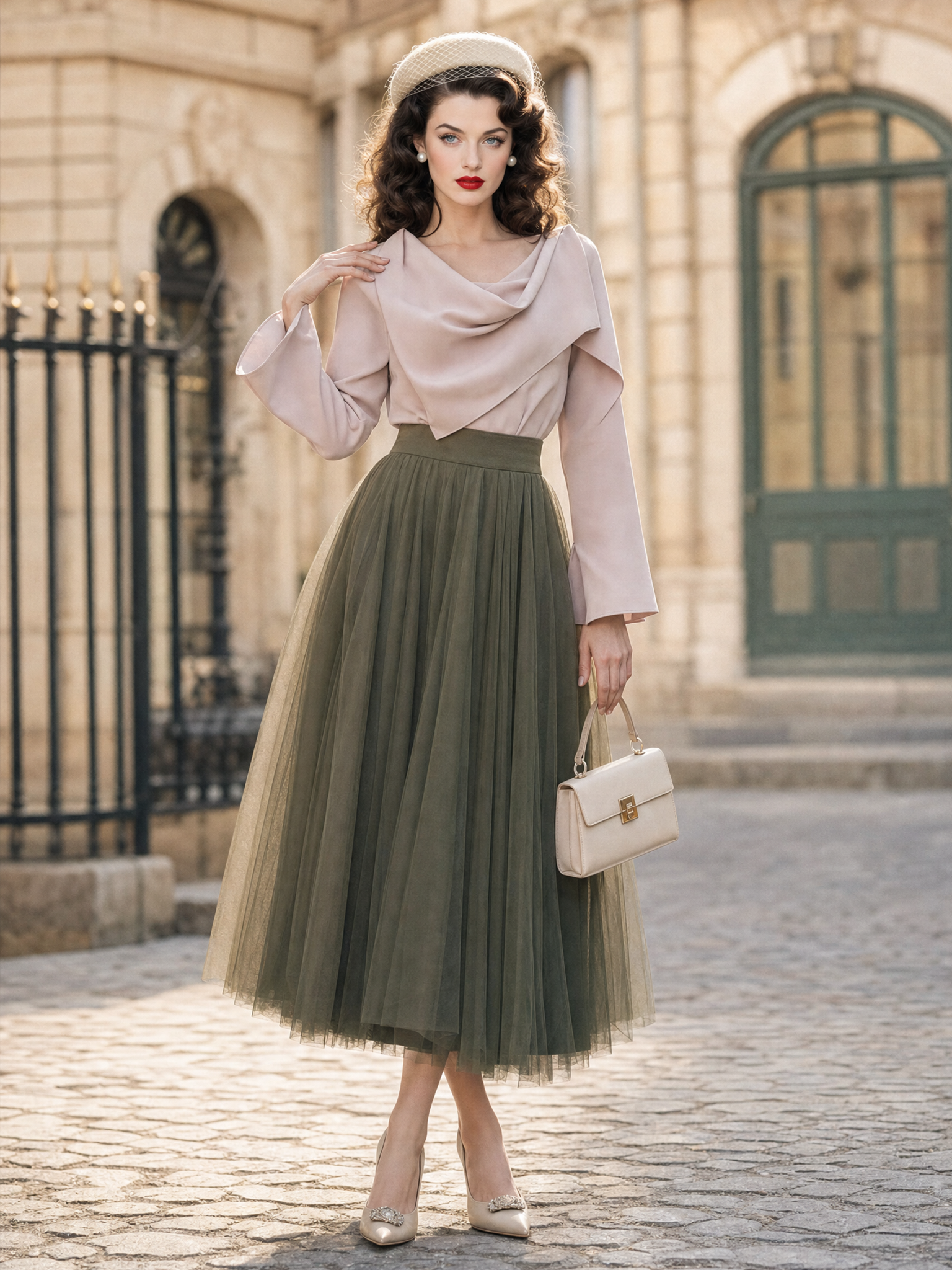 Vintage Two‑Piece Set Cowl Neck Blouse Flare Sleeve Tulle Midi Skirt