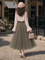 Vintage Two‑Piece Set Cowl Neck Blouse Flare Sleeve Tulle Midi Skirt