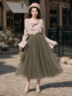 Vintage Two‑Piece Set Cowl Neck Blouse Flare Sleeve Tulle Midi Skirt