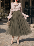 Vintage Two‑Piece Set Cowl Neck Blouse Flare Sleeve Tulle Midi Skirt