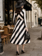 Vintage Black White Chevron-Stripe Collared A-Line Dress