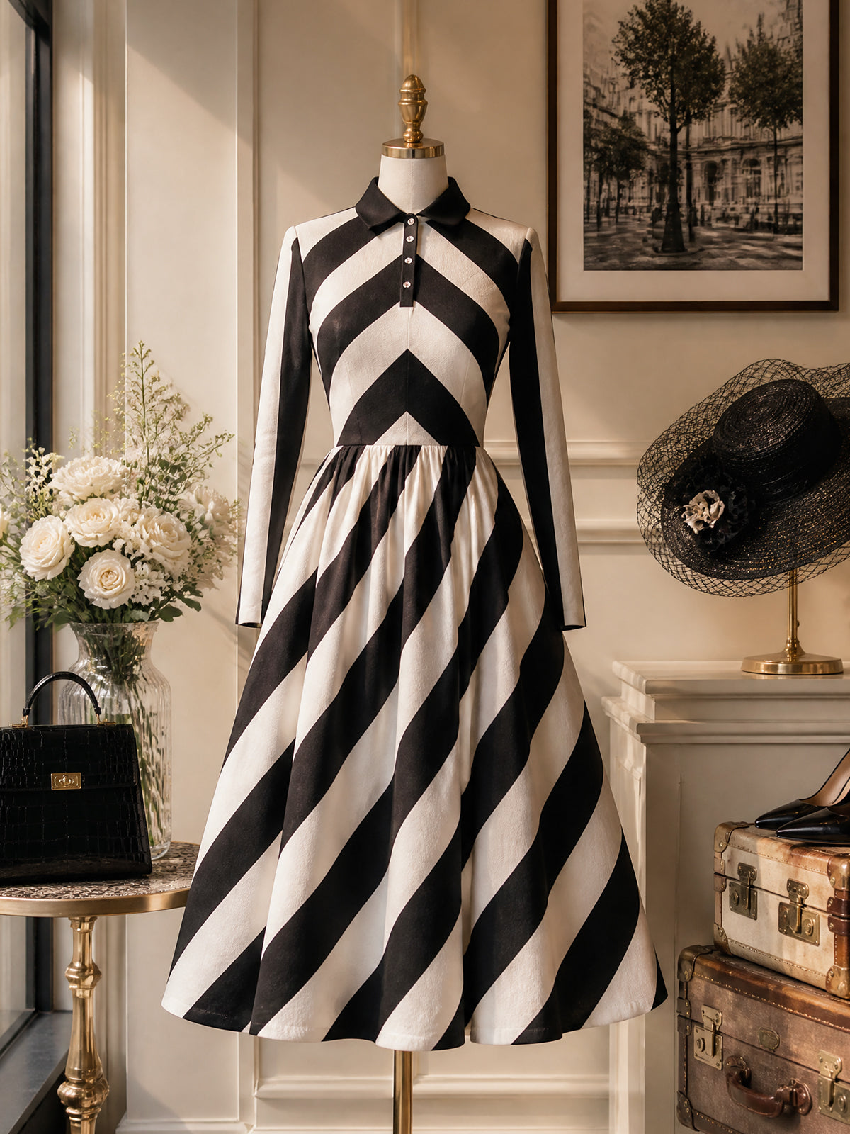 Vintage Black White Chevron-Stripe Collared A-Line Dress
