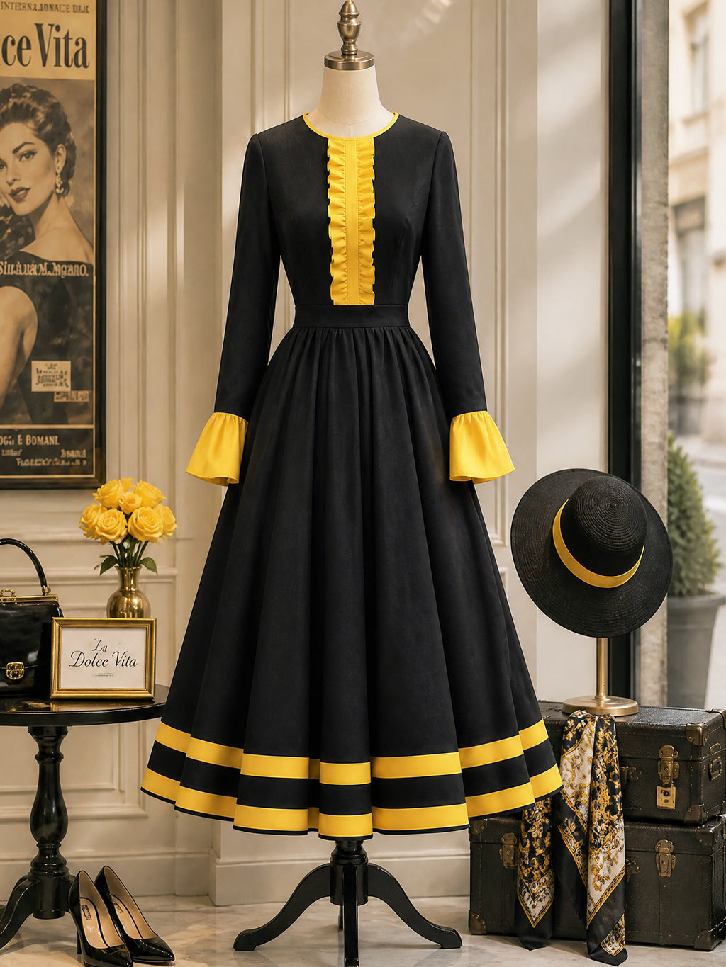 Vintage Black Yellow Ruffle-Trim Bell-Sleeve A-Line Dress