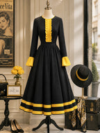 Vintage Black Yellow Ruffle-Trim Bell-Sleeve A-Line Dress