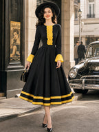 Vintage Black Yellow Ruffle-Trim Bell-Sleeve A-Line Dress