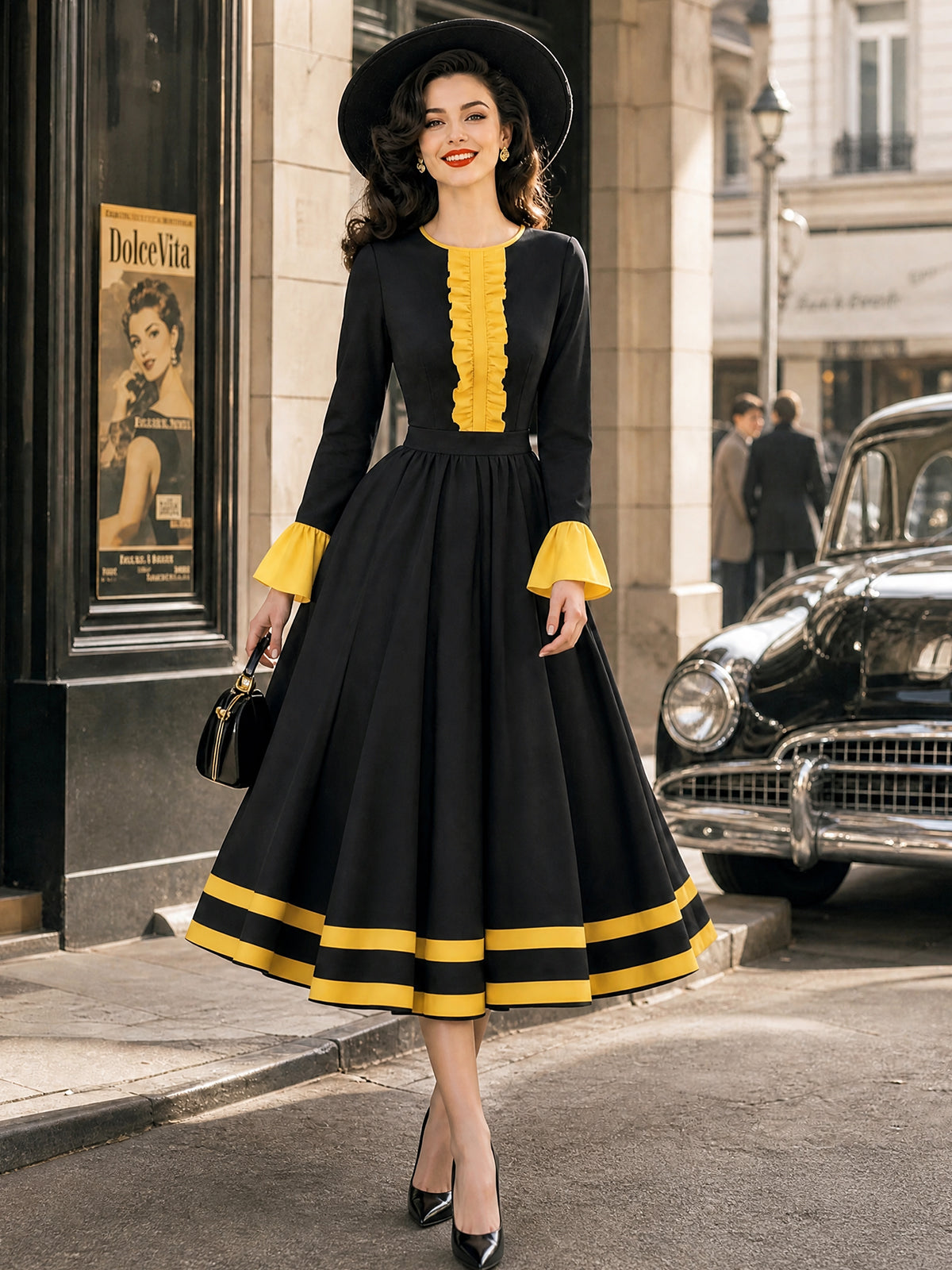 Vintage Black Yellow Ruffle-Trim Bell-Sleeve A-Line Dress