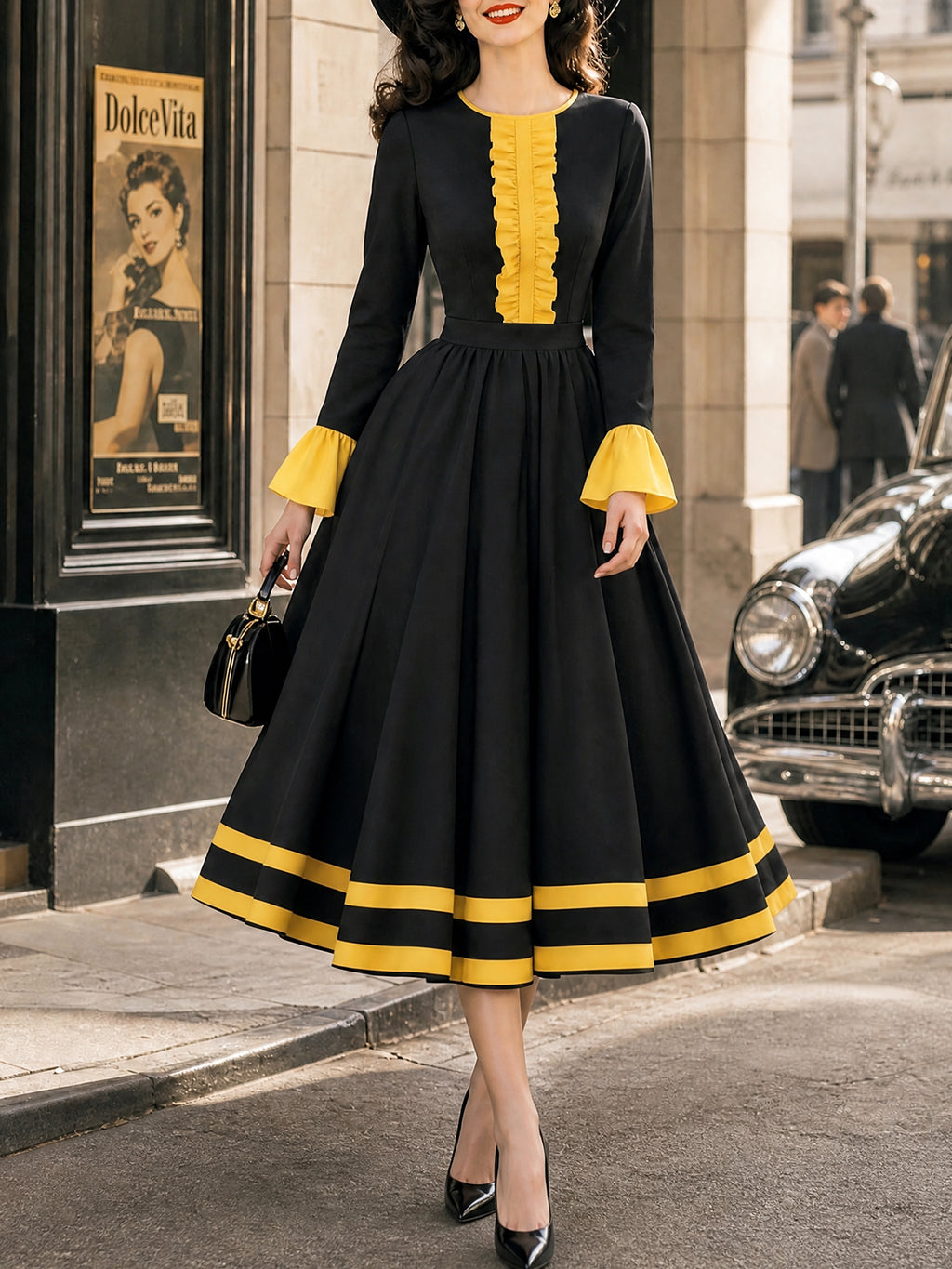 Vintage Black Yellow Ruffle-Trim Bell-Sleeve A-Line Dress