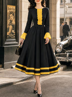 Vintage Black Yellow Ruffle-Trim Bell-Sleeve A-Line Dress