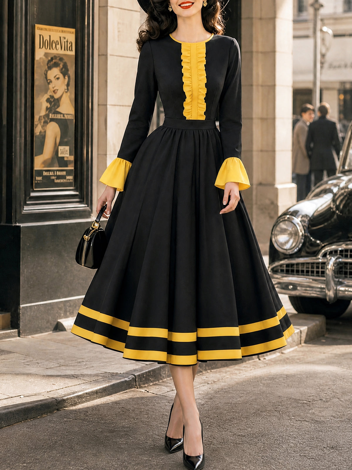 Vintage Black Yellow Ruffle-Trim Bell-Sleeve A-Line Dress
