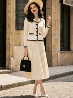 Vintage Cream Contrast-Trim Blazer & Pleated Skirt Set