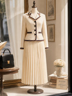 Vintage Cream Contrast-Trim Blazer & Pleated Skirt Set