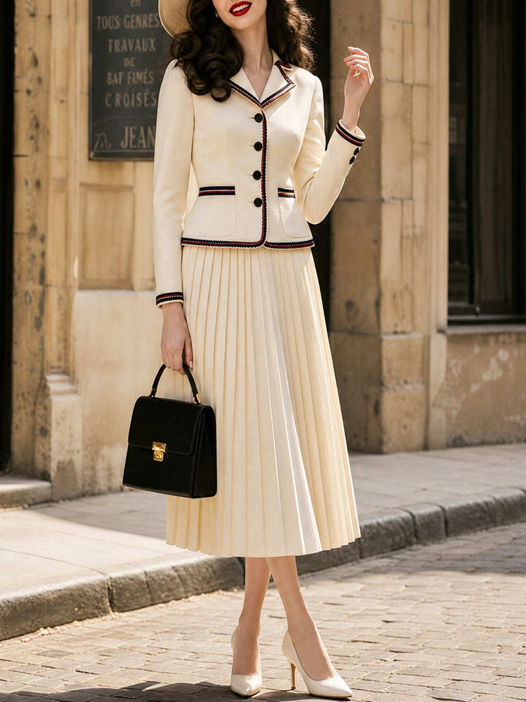 Vintage Cream Contrast-Trim Blazer & Pleated Skirt Set