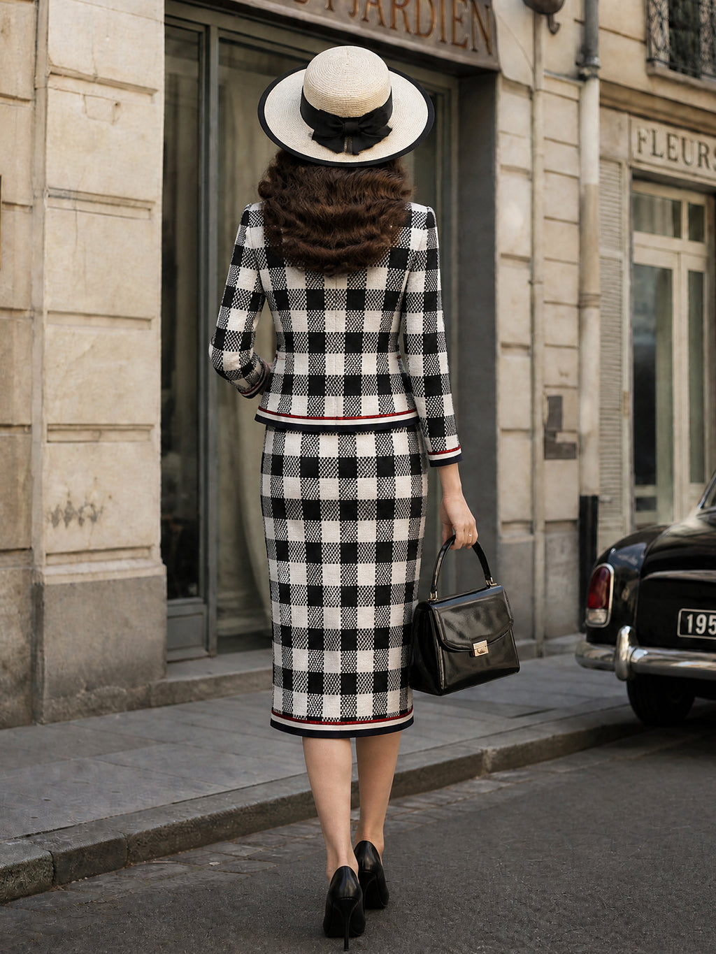 Vintage Black White Gingham Blazer & Pencil Skirt Set
