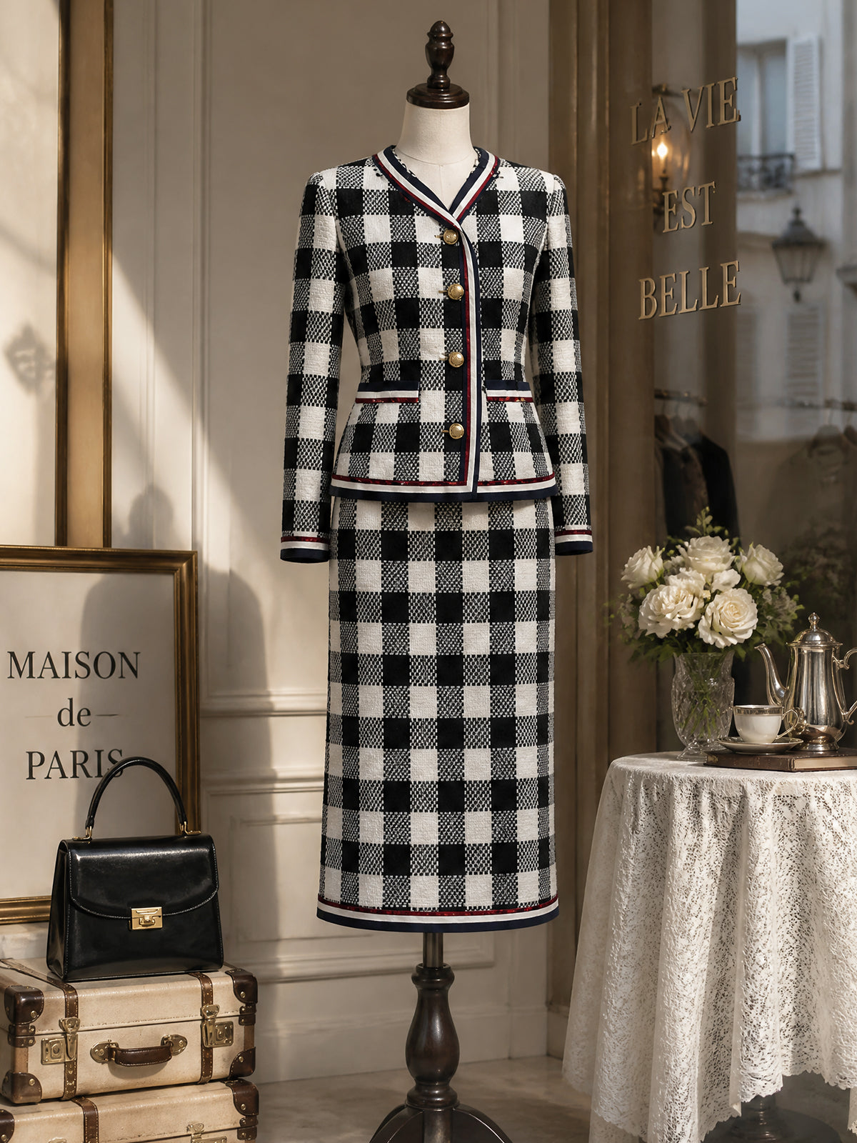 Vintage Black White Gingham Blazer & Pencil Skirt Set