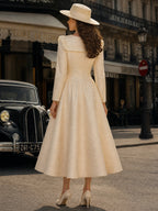 Vintage Cream Ruffle-Collar Button-Front Textured A-Line Dress