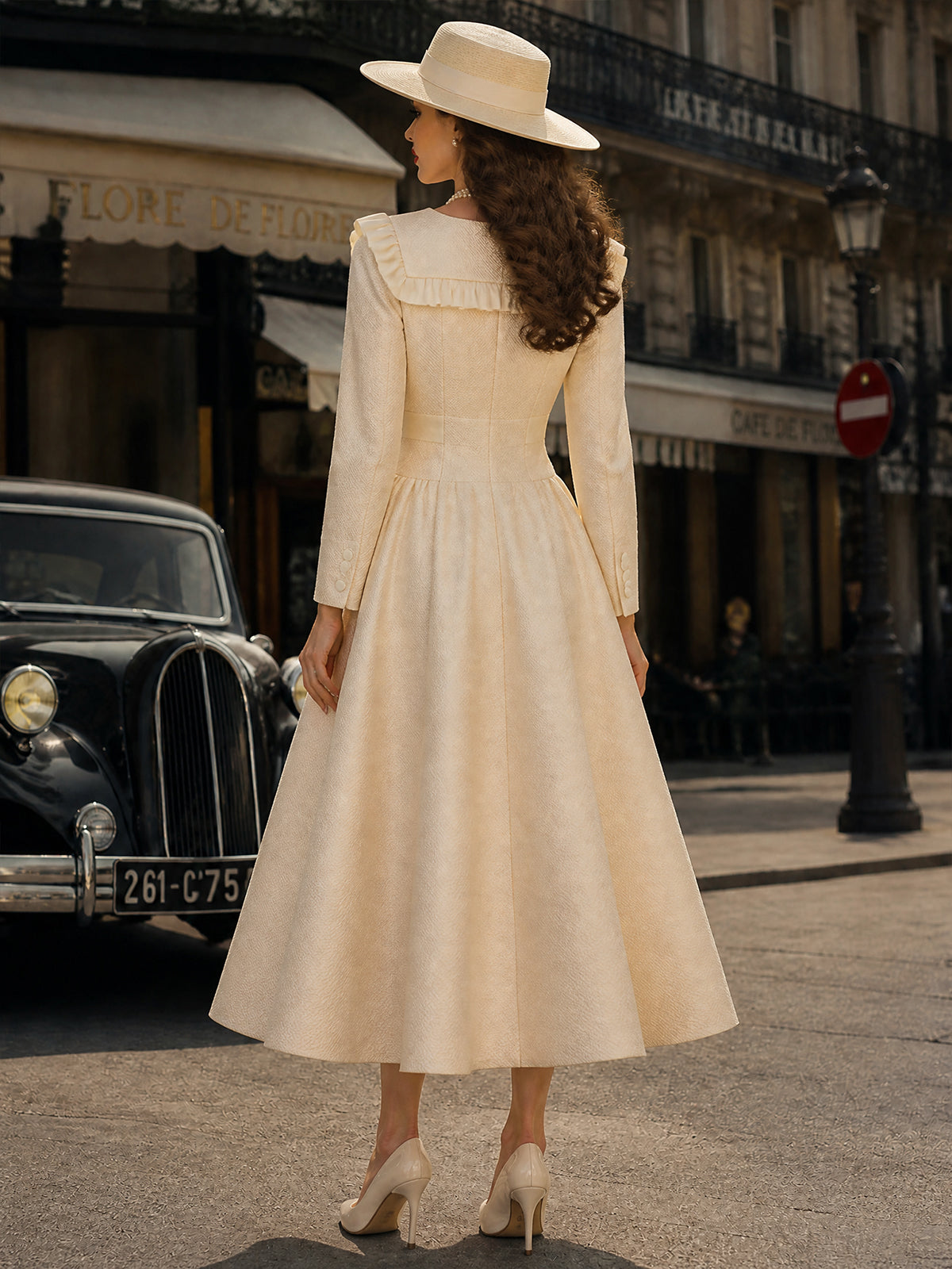 Vintage Cream Ruffle-Collar Button-Front Textured A-Line Dress