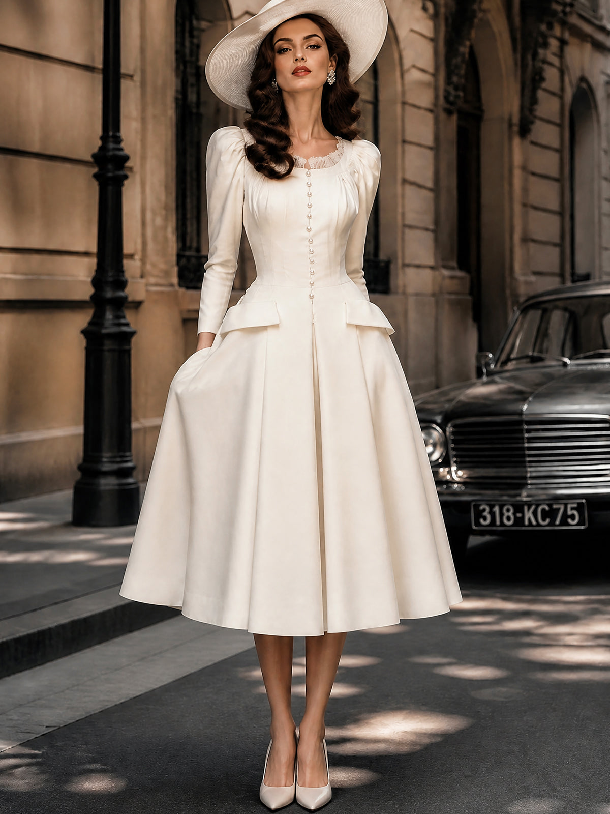 Vintage Ivory Pearl-Button Lace-Trim Puff-Sleeve A-Line Dress