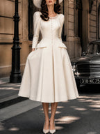 Vintage Ivory Pearl-Button Lace-Trim Puff-Sleeve A-Line Dress