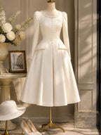 Vintage Ivory Pearl-Button Lace-Trim Puff-Sleeve A-Line Dress
