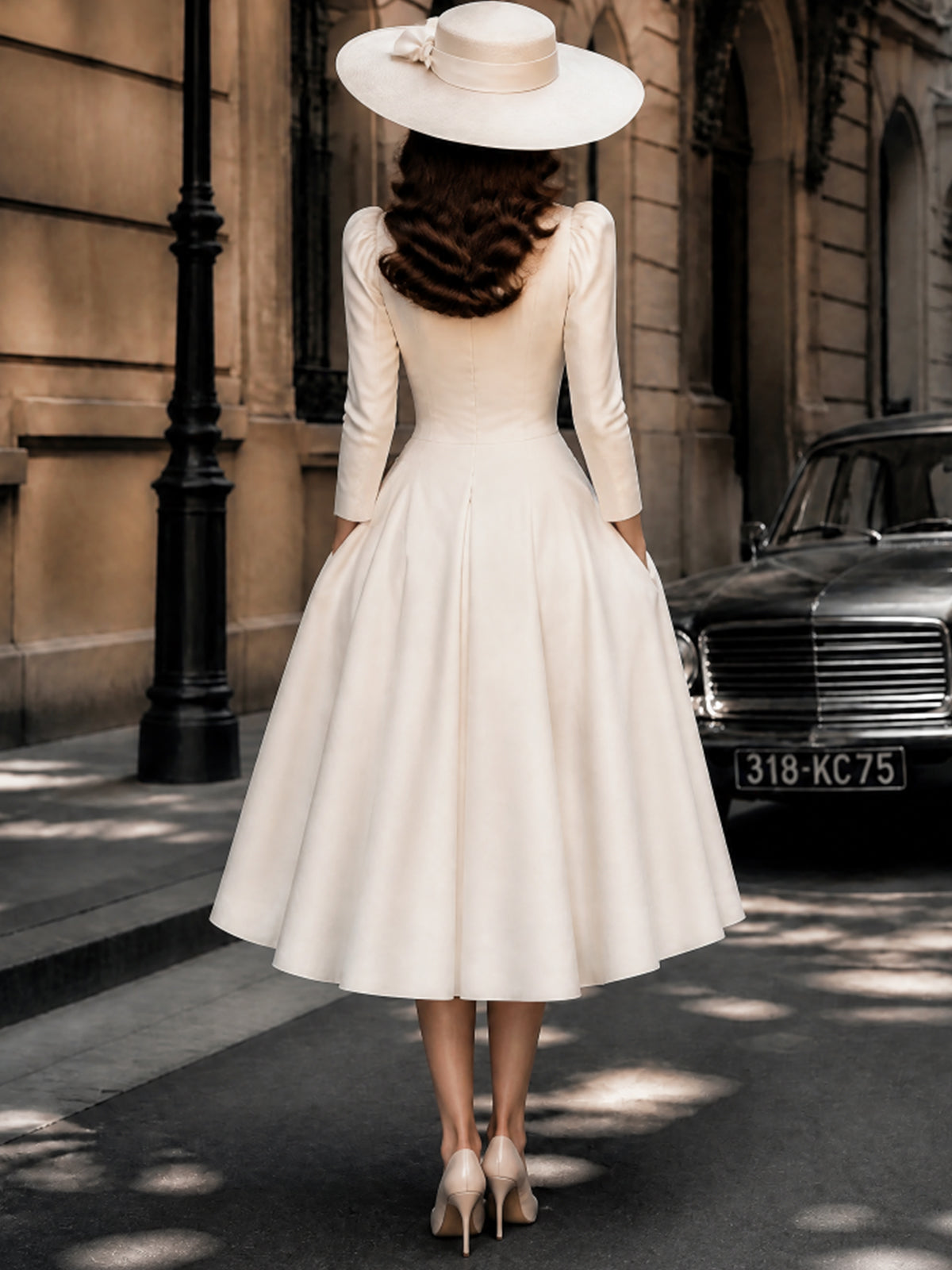 Vintage Ivory Pearl-Button Lace-Trim Puff-Sleeve A-Line Dress