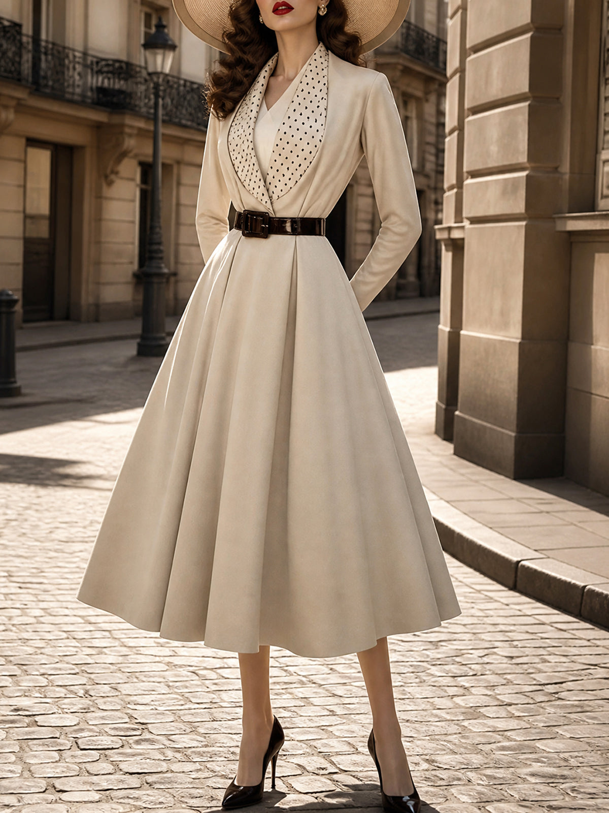 Vintage Cream Polka-Dot Belted A-Line Dress