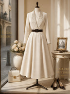 Vintage Cream Polka-Dot Belted A-Line Dress
