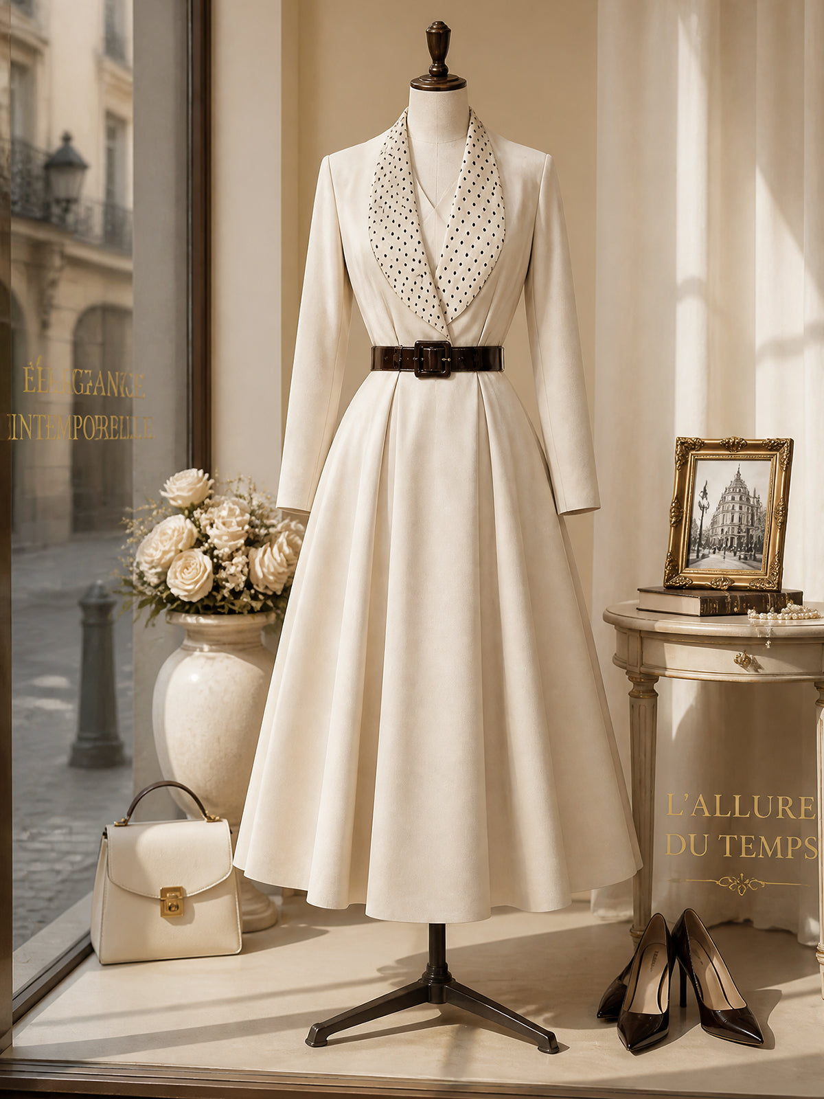 Vintage Cream Polka-Dot Belted A-Line Dress