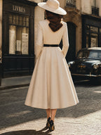 Vintage Cream Polka-Dot Belted A-Line Dress