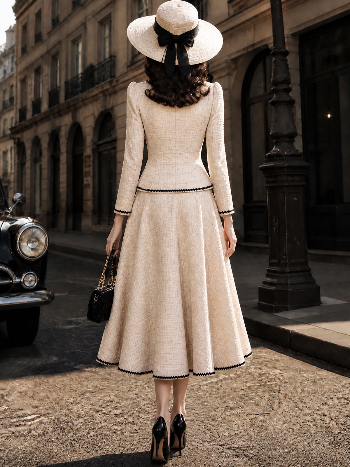 Vintage Cream Tweed Bow-Trim Peplum Jacket Skirt Set