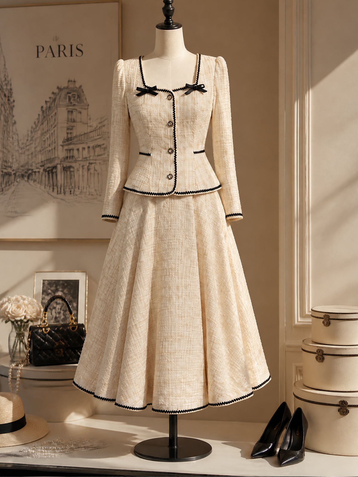 Vintage Cream Tweed Bow-Trim Peplum Jacket Skirt Set