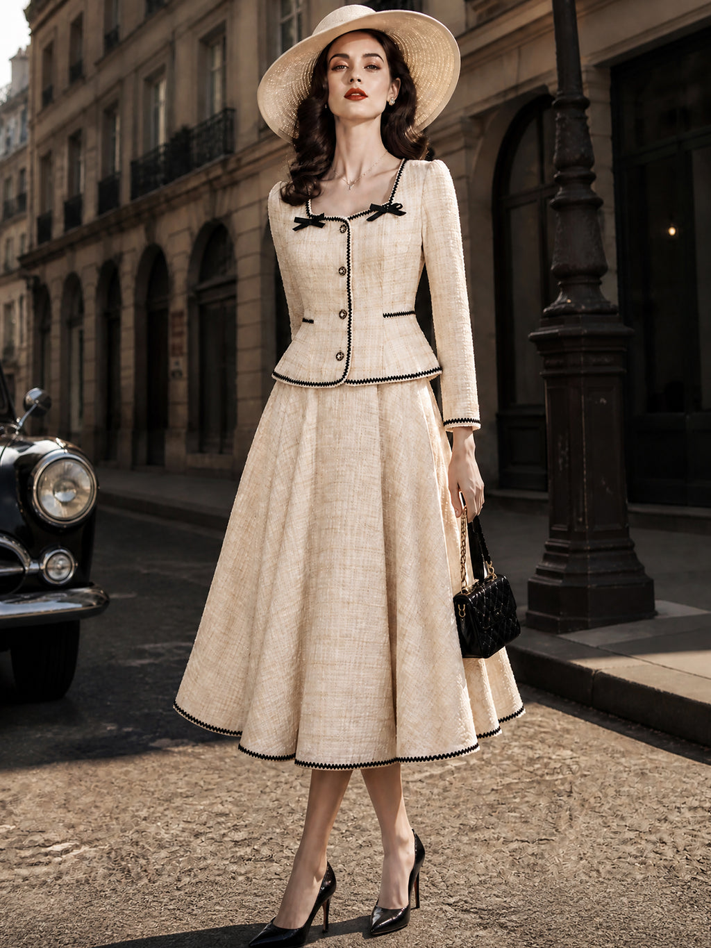 Vintage Cream Tweed Bow-Trim Peplum Jacket Skirt Set
