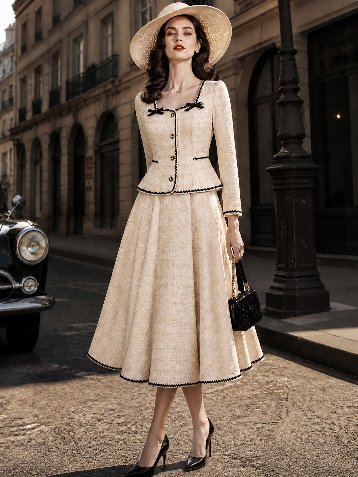 Vintage Cream Tweed Bow-Trim Peplum Jacket Skirt Set