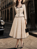 Vintage Cream Tweed Bow-Trim Peplum Jacket Skirt Set