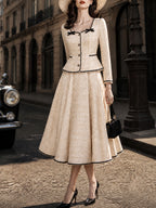 Vintage Cream Tweed Bow-Trim Peplum Jacket Skirt Set