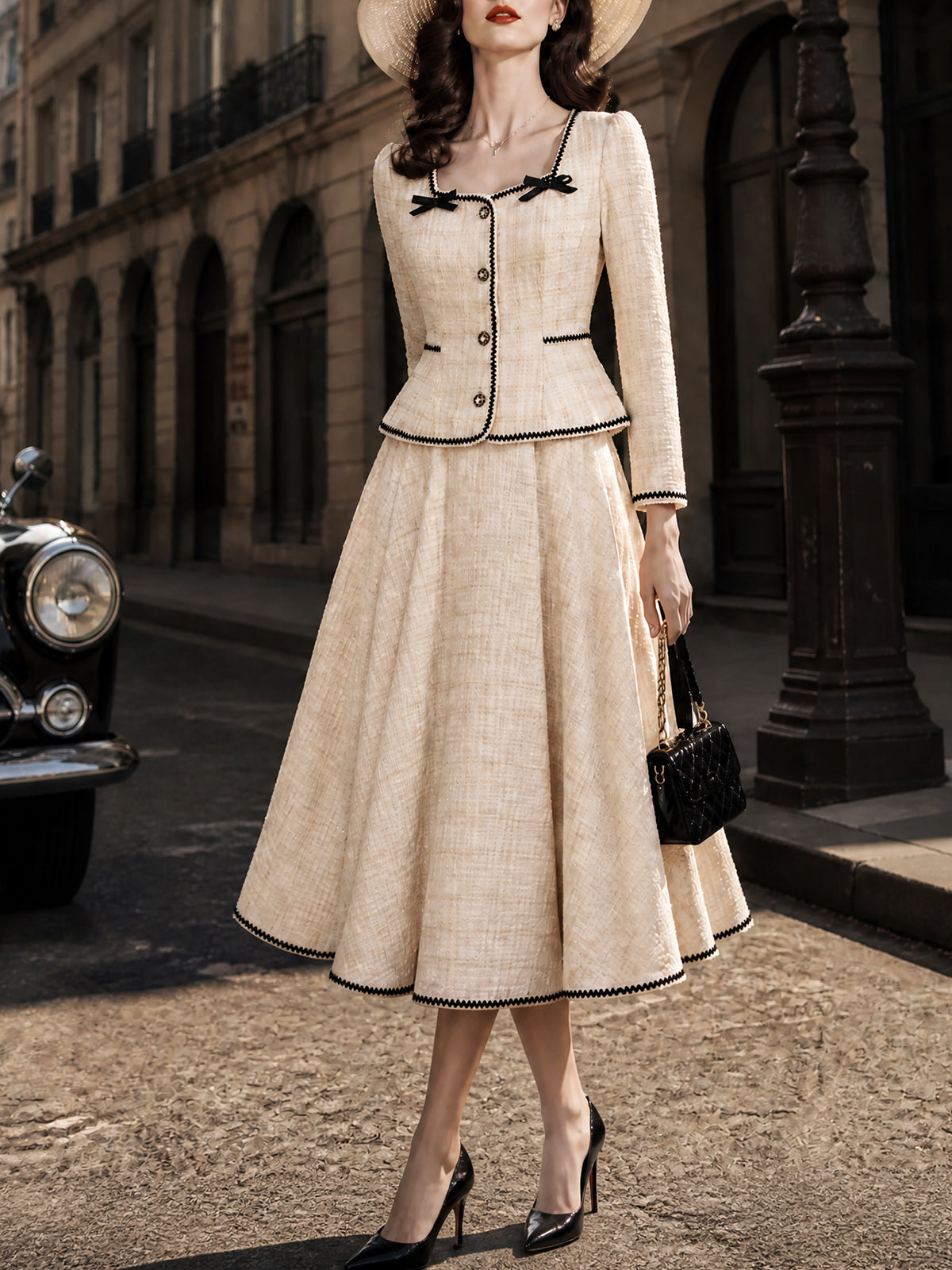Vintage Cream Tweed Bow-Trim Peplum Jacket Skirt Set