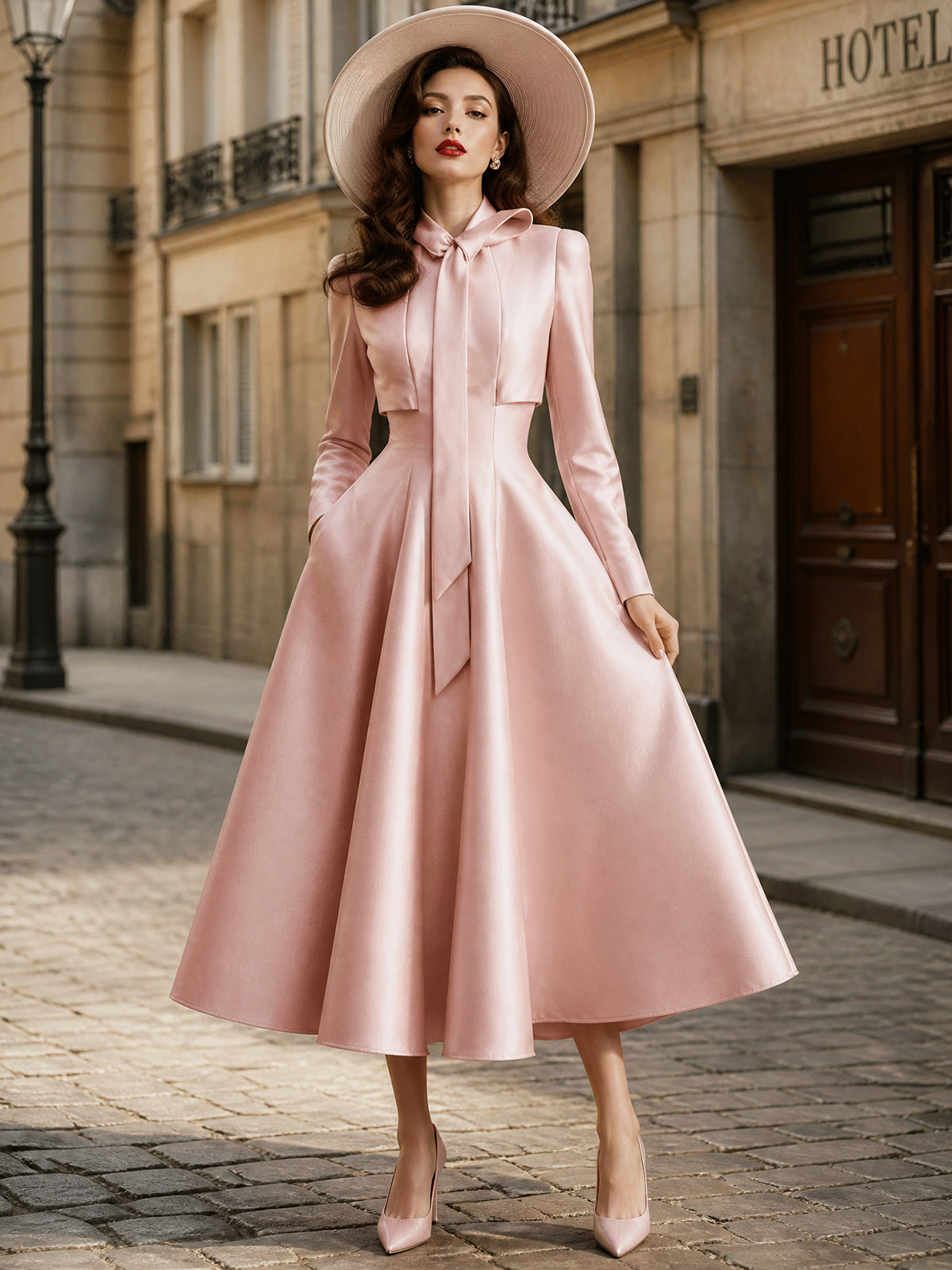 Vintage Pink Bow-Tie Neck Satin A-Line Midi Dress