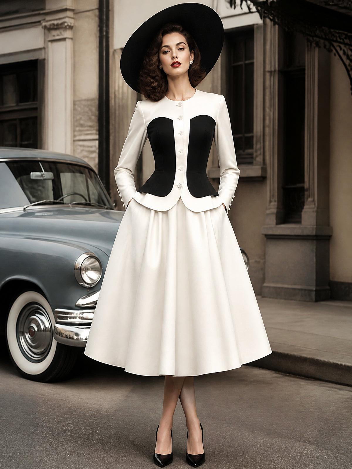 Vintage Ivory Black-Corset Peplum Jacket & Skirt Set