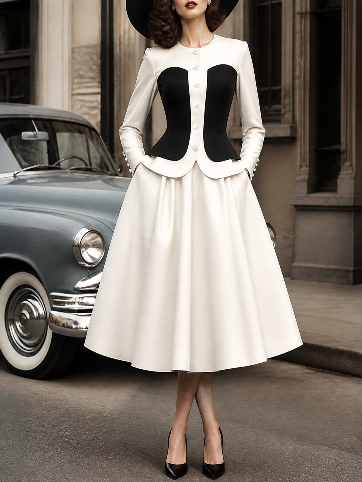 Vintage Ivory Black-Corset Peplum Jacket & Skirt Set