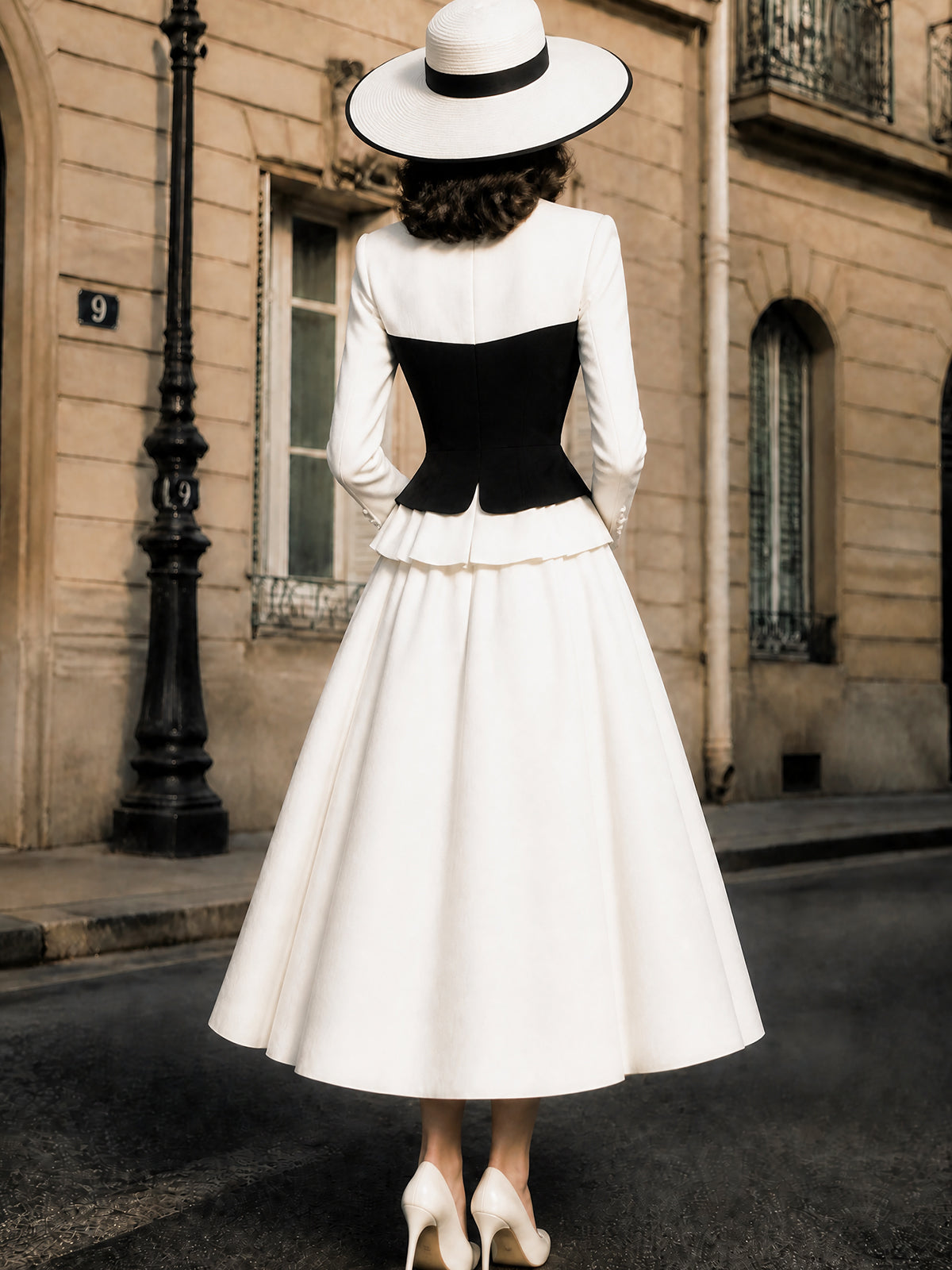 Vintage Ivory Black-Corset Peplum Jacket & Skirt Set