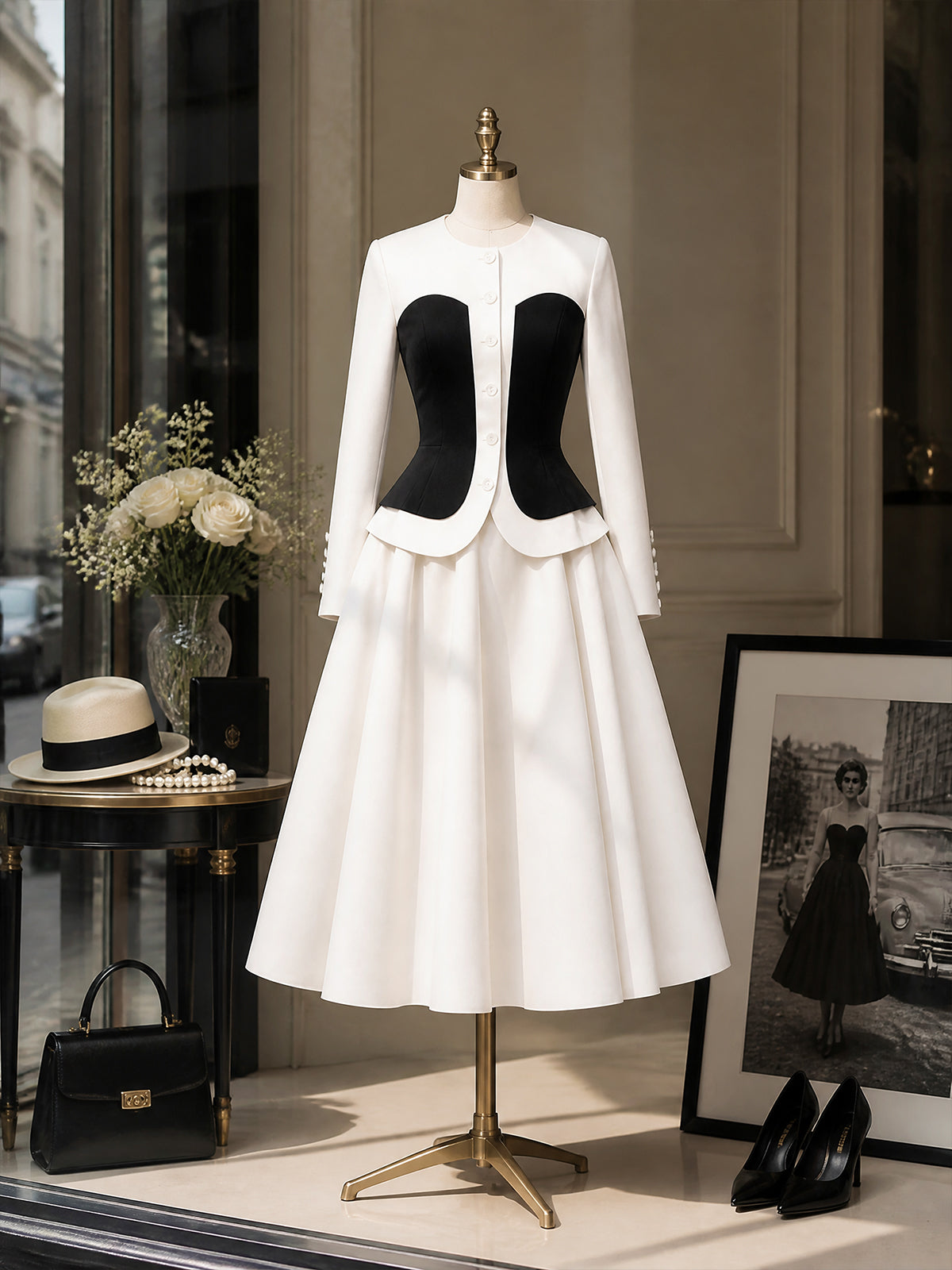 Vintage Ivory Black-Corset Peplum Jacket & Skirt Set