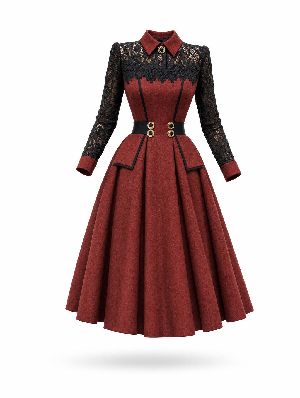 Vintage Lace Collar Wine Red Midi Dress