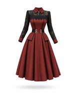 Vintage Lace Collar Wine Red Midi Dress