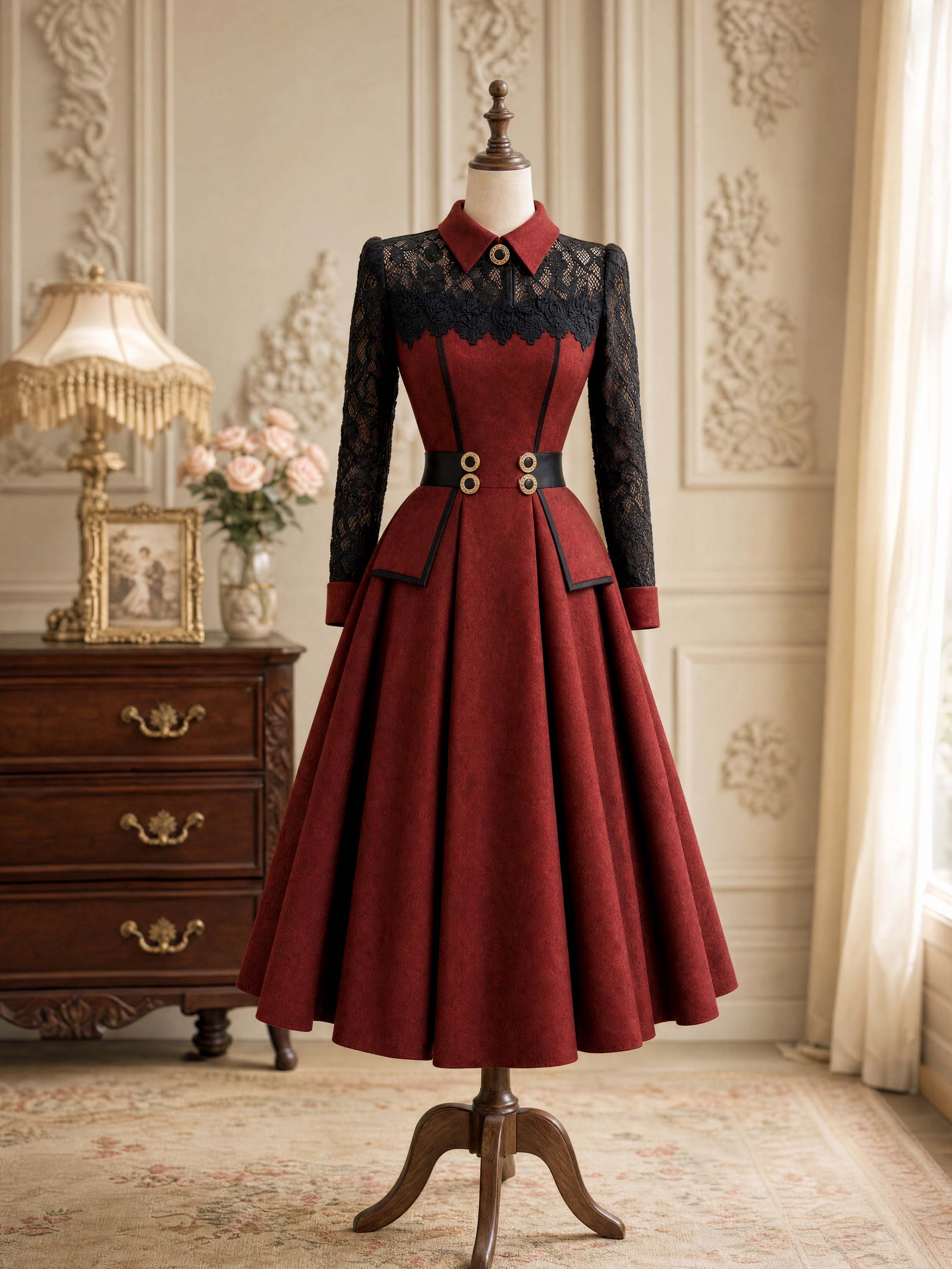 Vintage Lace Collar Wine Red Midi Dress