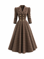 Vintage Plaid Double‑Breasted Midi Dress