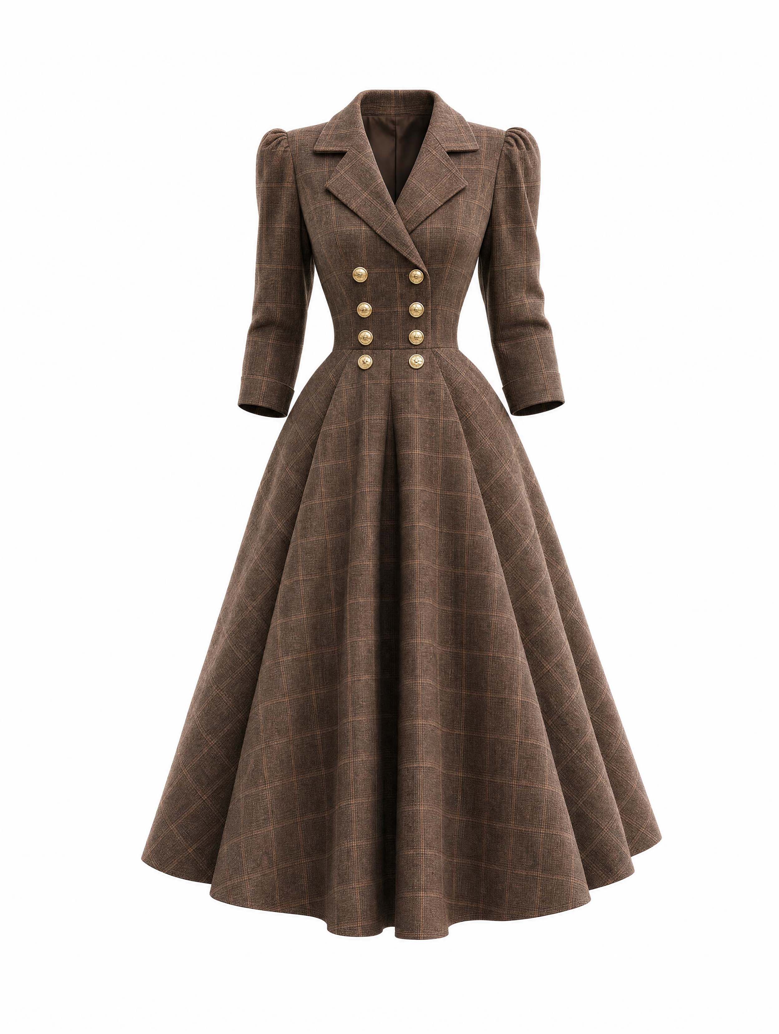 Vintage Plaid Double‑Breasted Midi Dress