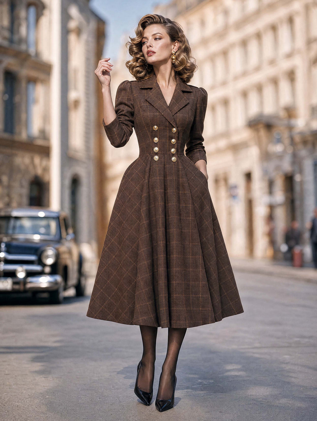 Vintage Plaid Double‑Breasted Midi Dress